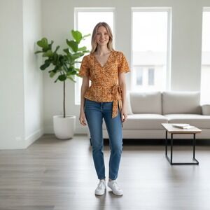 Max Studio Floral Wrap Blouse Flutter Sleeve Tie Waist Autumn‎ Colors Top